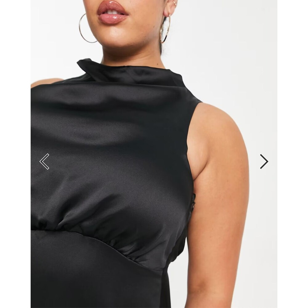 PRETTY LAVISH Dress Women 16 Curve Black Satin Empire High Neck Split Midi NWT - Picture 11 of 12